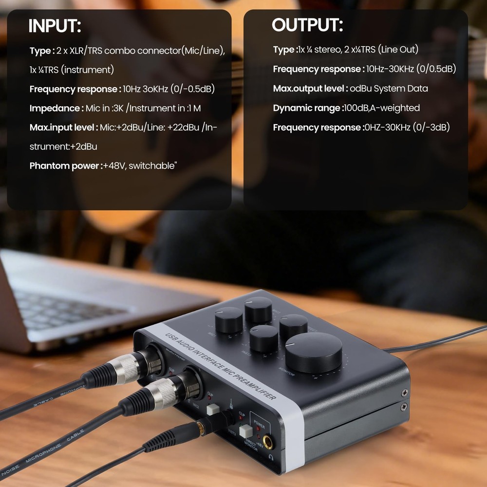 USB Audio Interface 2 XLR/TRS Inputs, Phantom Power, USBA/C for Recording
