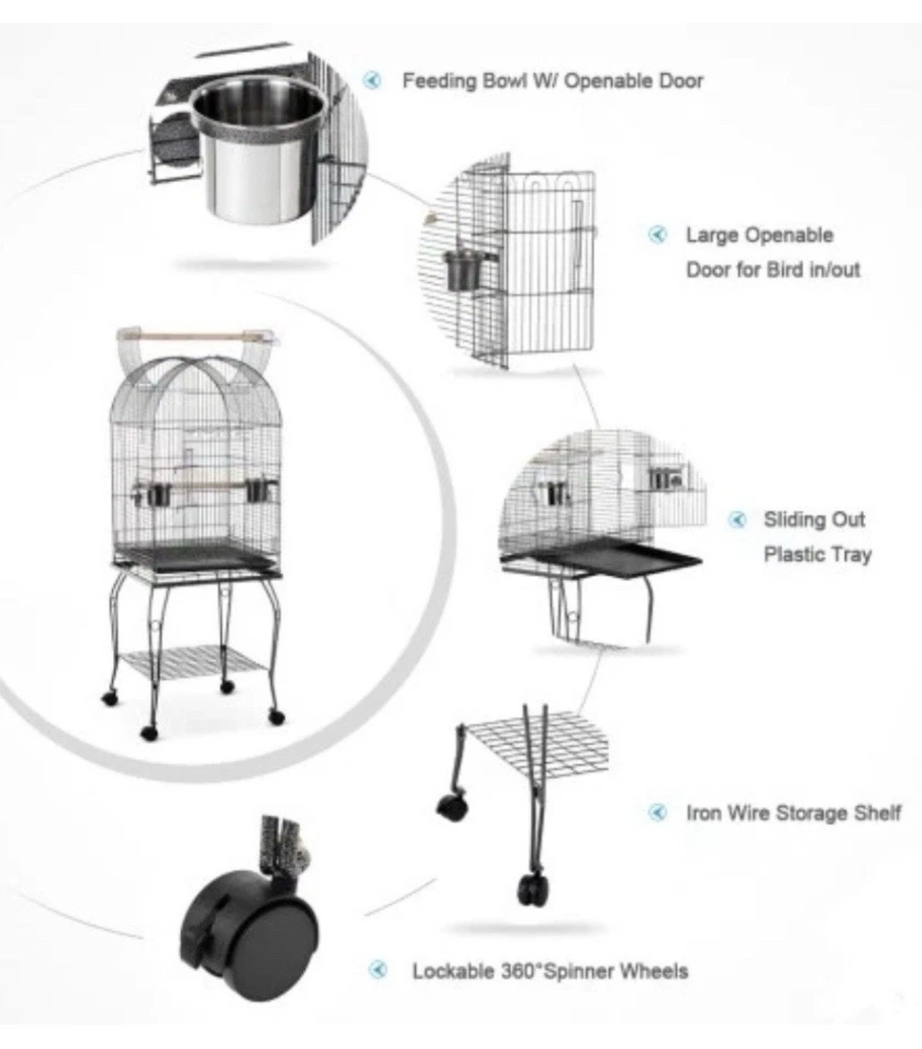 BIRD CAGE Parrot H18133 Dome Top with Stand – Silver Black – New in Box