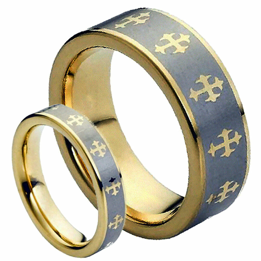 Men & Women 8MM/5MM Tungsten Carbide Gold with Crosses Wedding Band Ring set