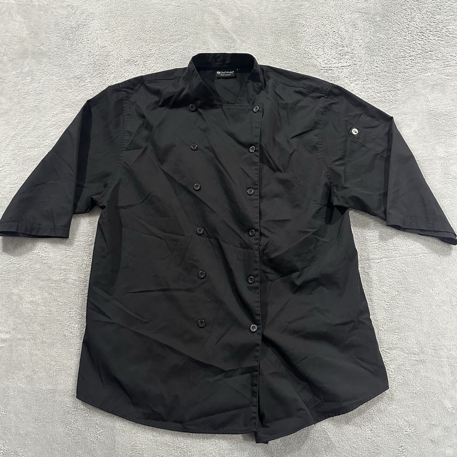 CHEF WORKS Black Short Sleeve Cook Shirt Unisex L Snap Front Utility Uniform