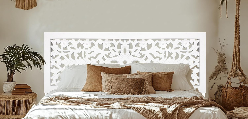 Rustic White Solid Wood Queen Headboard with Hand-Carved Design