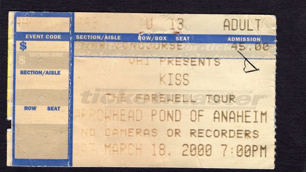 2000 Kiss Ted Nugent Skid Row  concert ticket stub Farewell Tour Anaheim CA