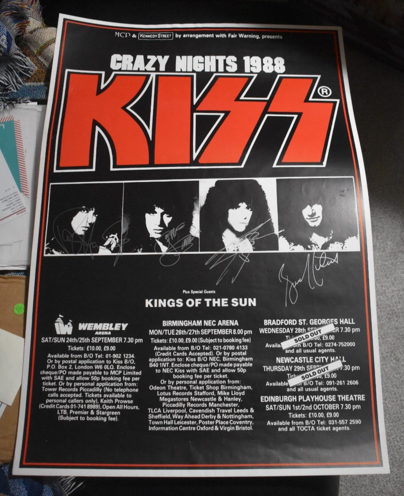 KISS Crazy Nights tour poster signed by entire band. ERIC CARR  Stanley  Simmons