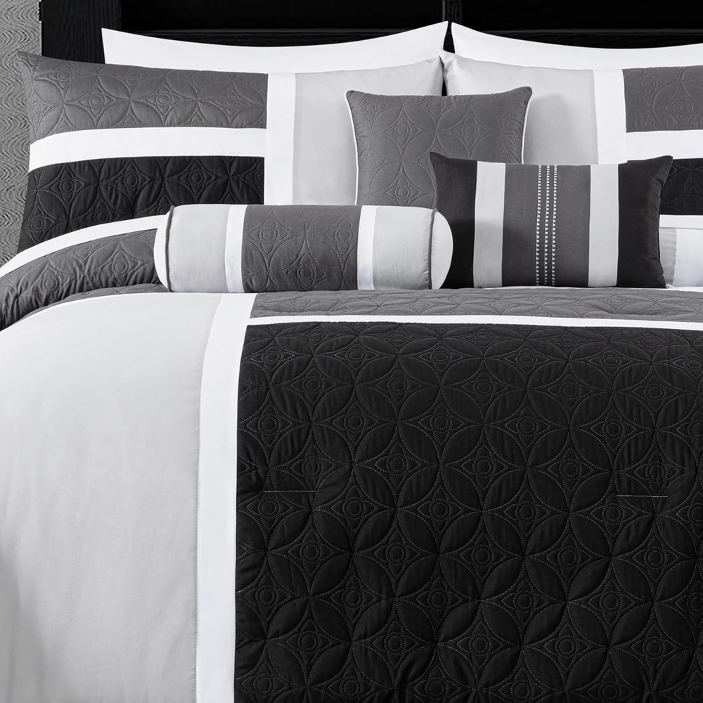 Upland 7-Piece Quilted Patchwork Comforter Set, Black/Gray/Light Gray, Queen