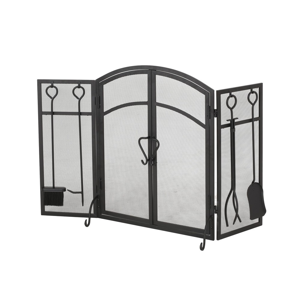 Modern 3 Panel Iron Folding Fireplace Screen with Doors and Tools Matte Black