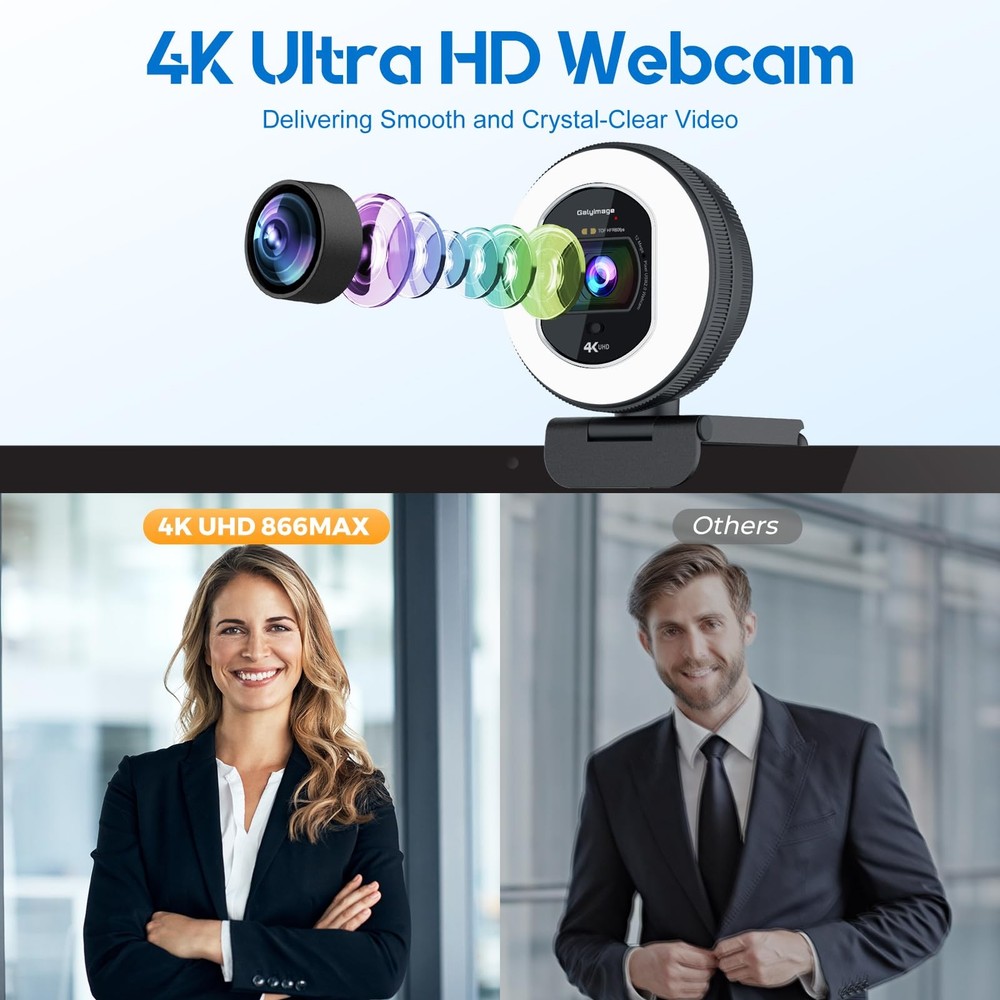 4K Webcam with Ring Light Web Cam 4K Autofocus with TOF Computer Camera 1080P...