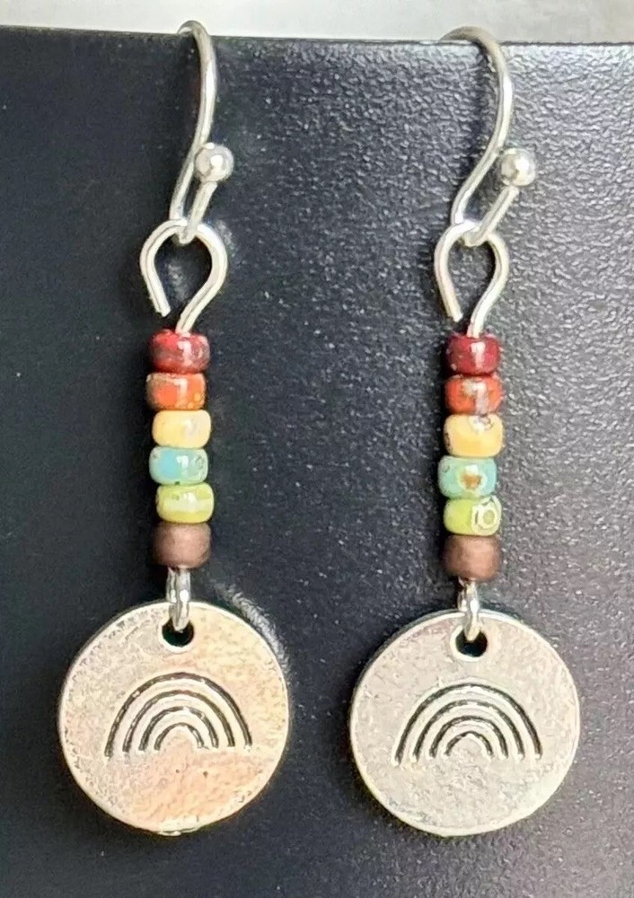 Antique Silver Rainbow Dangle Earrings with Boho Beads.
