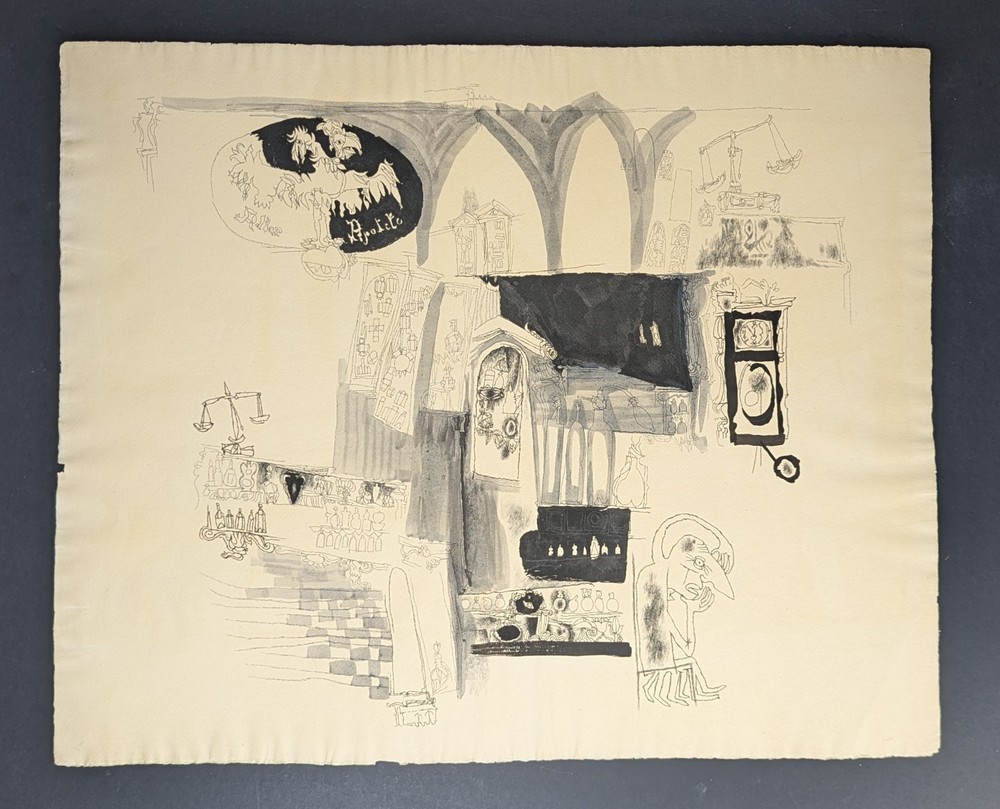 Fritz Kreidt, abstract room composition, drawing, unsigned
