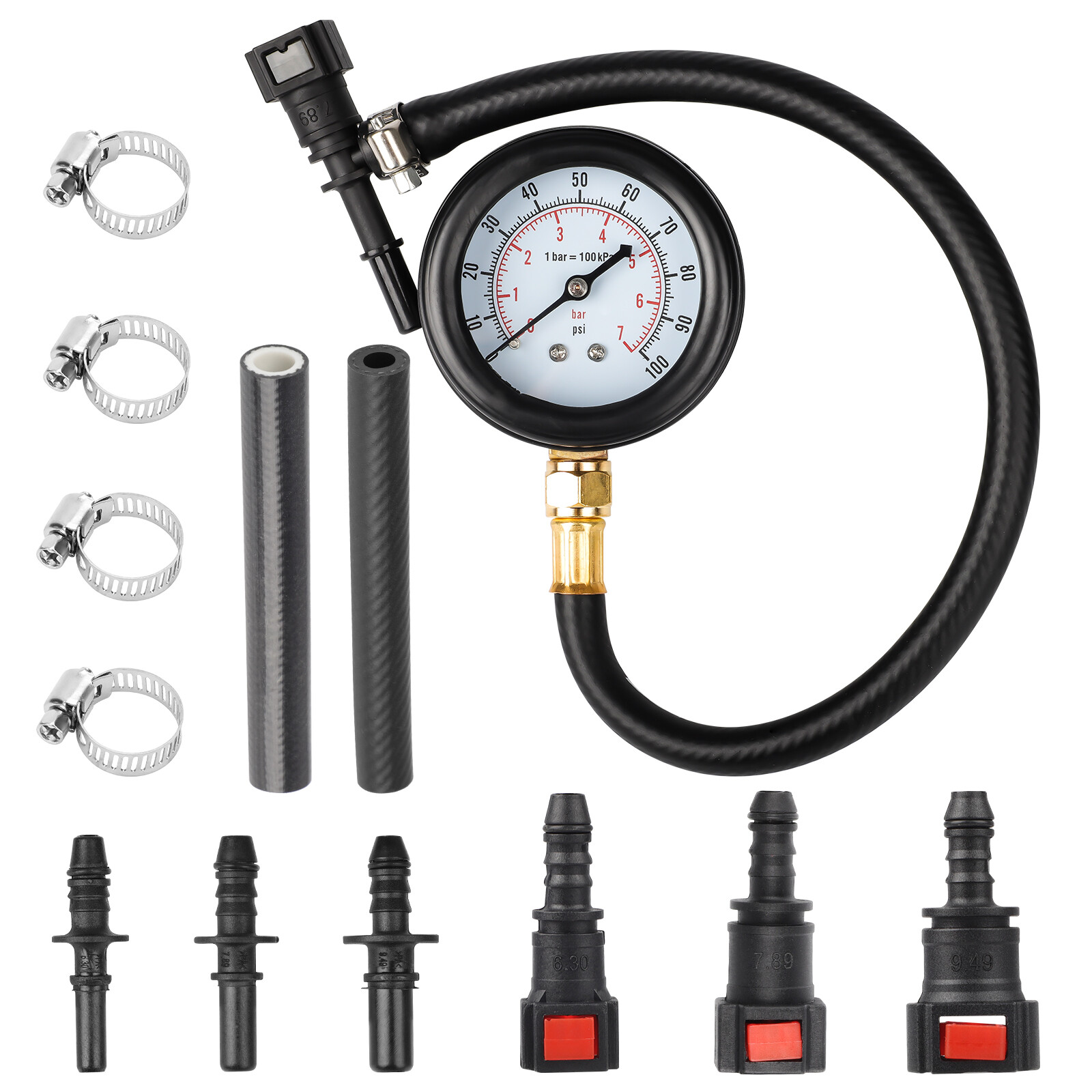 100PSI Fuel Injection Pressure Tester Gauge with 3 Quick Connectors Set for Cars