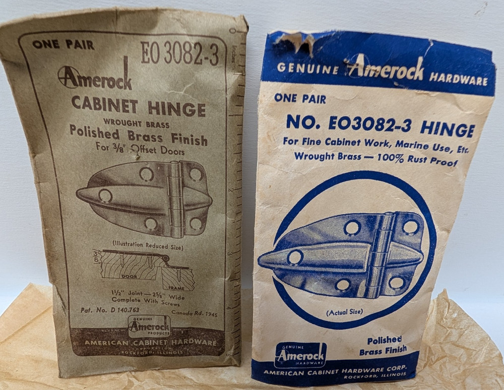 Amerock #E03082 -3 Wrought Solid Brass Cabinet Door Hinges 3/8 Offset Marine Use