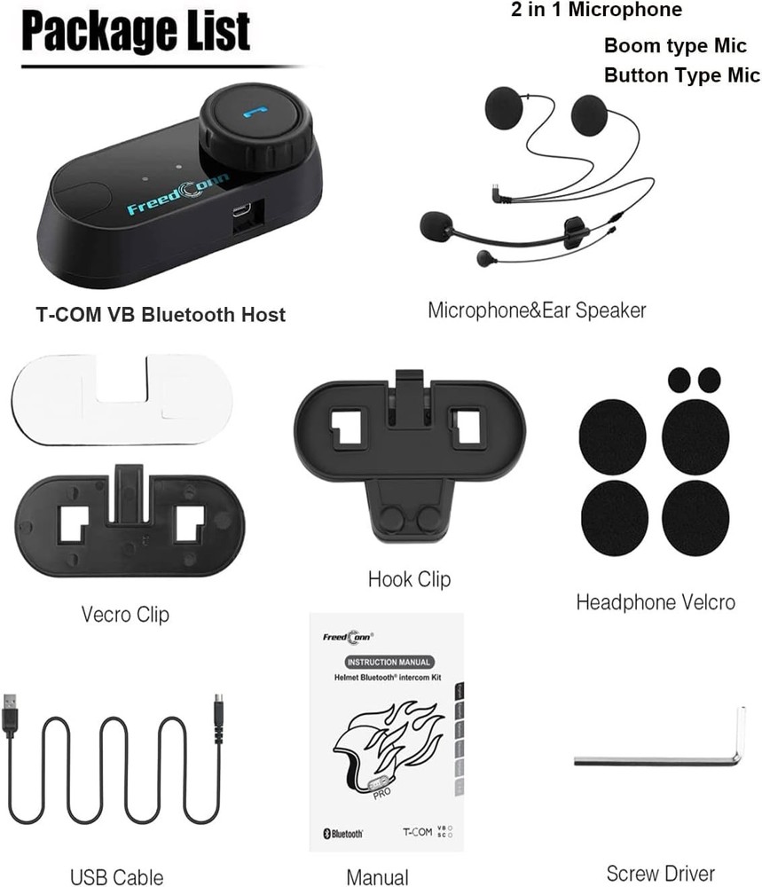 FreedConn Motorcycle Helmet Bluetooth Headset,TCOM VB with Single Pack, Black
