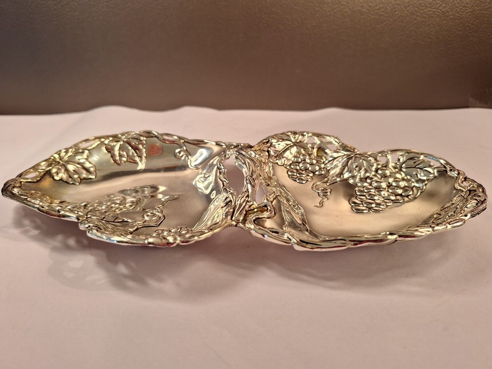 Godinger Silver Plated Double Heart Dish Grape Design Decor Gift