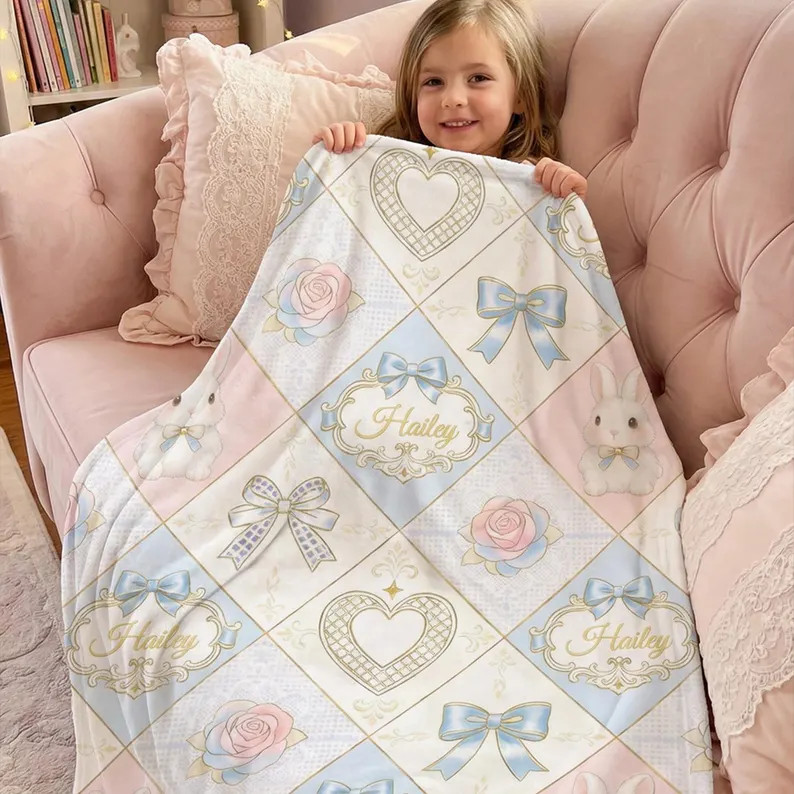 Personalized Cute Easter Bow Flower Blanket Custom Gift for