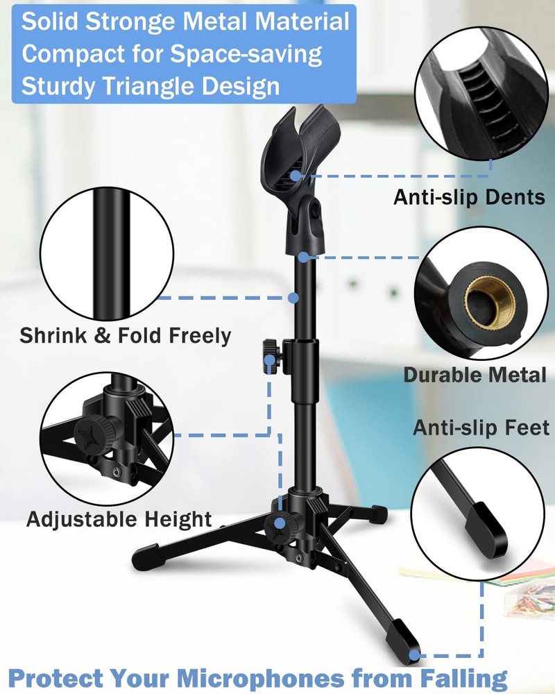 Mictop 2 Pack Desktop Mic Stand, Portable Foldable Tripod with 2 Pack, Blue