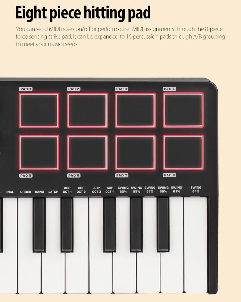 KOKKO MIDI Keyboard, Mini KB-25 25 Key MIDI Controller with 8 Backlit Drum Pads,