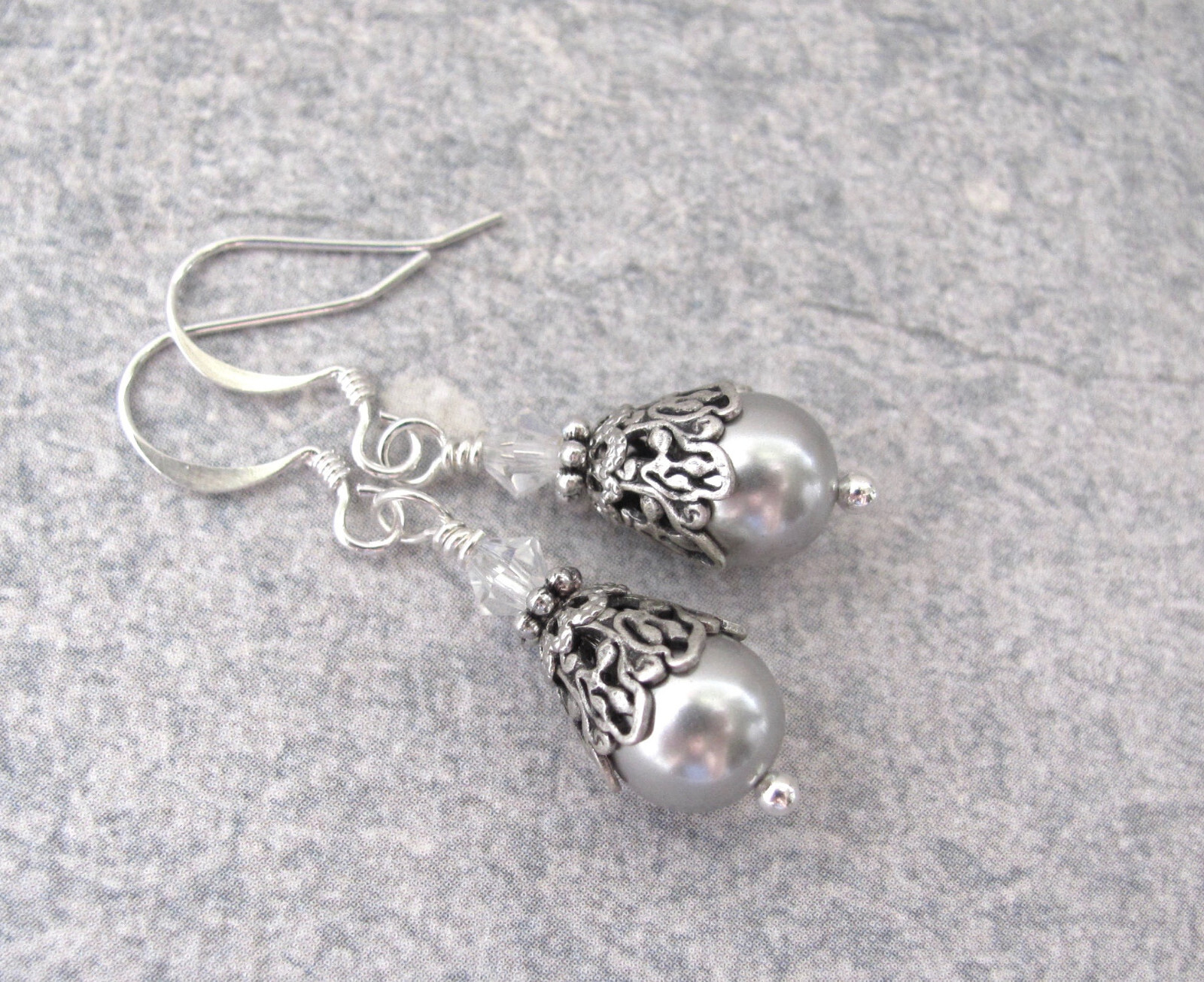Silver Gray Crystal Pearl Earrings Birthday Wedding Gift Birthday Holiday Party
