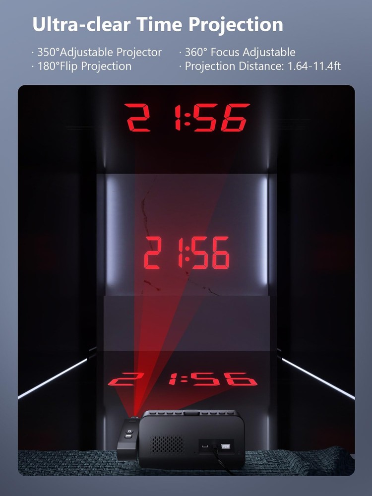 Projection Alarm Clock,Digital Clock with 350° Rotatable Small, White