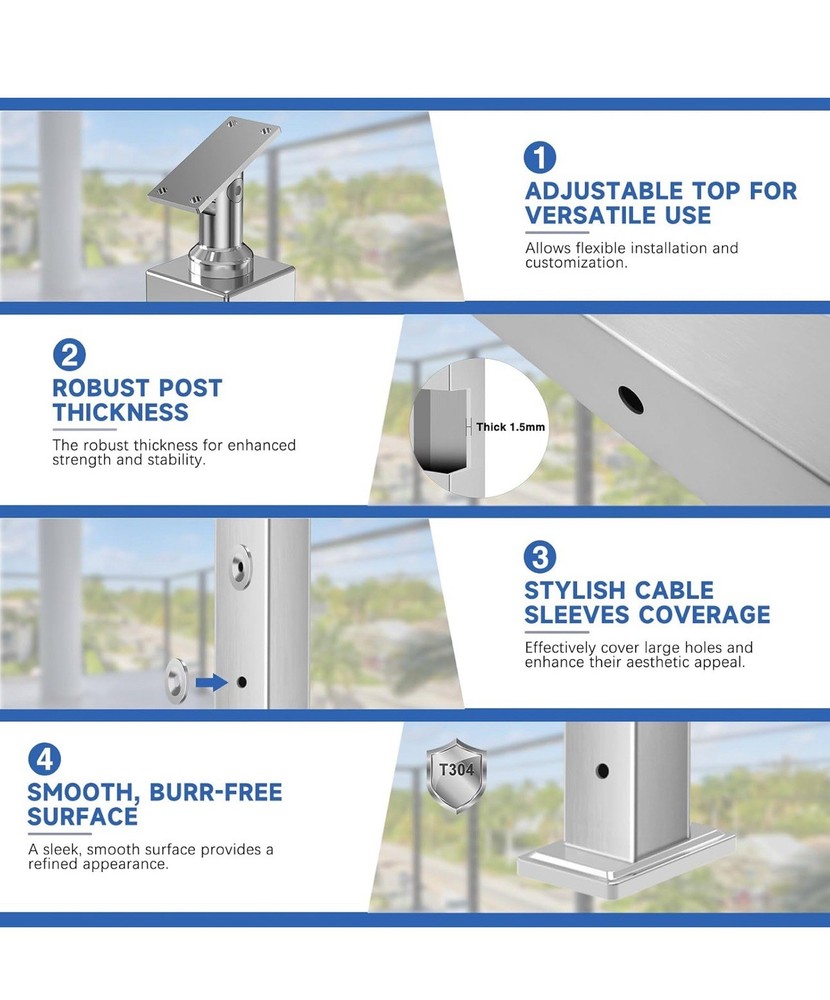 36" One-Stop Cable Railing Post Kits, 4Pack Brushed Finish Level Drilled Line...