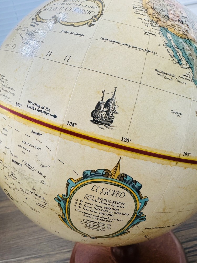 Vintage Replogle Rotating World Globe Desktop Wood Base