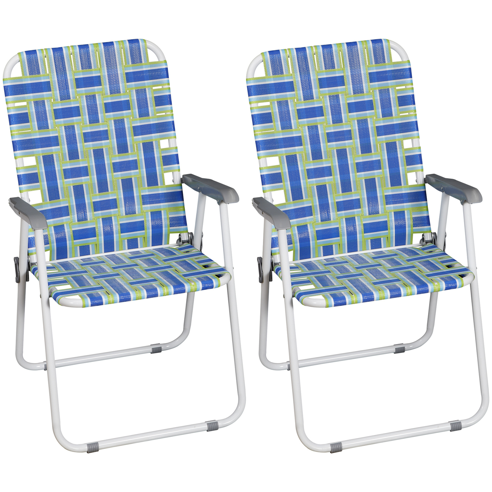 Metal Frame Blue Beach Chairs Set of 2 Webbed Folding Patio Lawn Camping Chairs