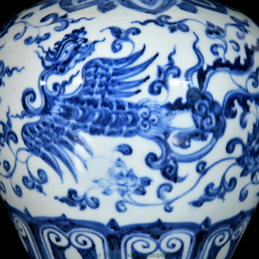 11.2" Old Blue White Porcelain Phoenix Bird Double Ear Flower Bottle Vase