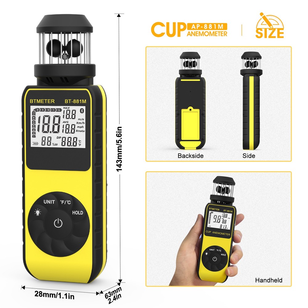 Handheld Anemometer Wind Speed Temp Meter Max Avg Current Backlight 0.7-42m/s US