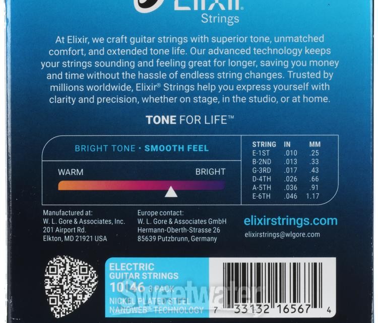 Elixir Strings 16542 Nanoweb Electric Guitar Strings - .010-.046 Light 3-pack