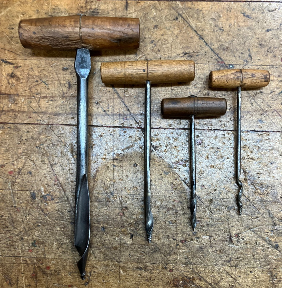 4 Vintage T Handle Gimlet Hand Drills Different Sizes