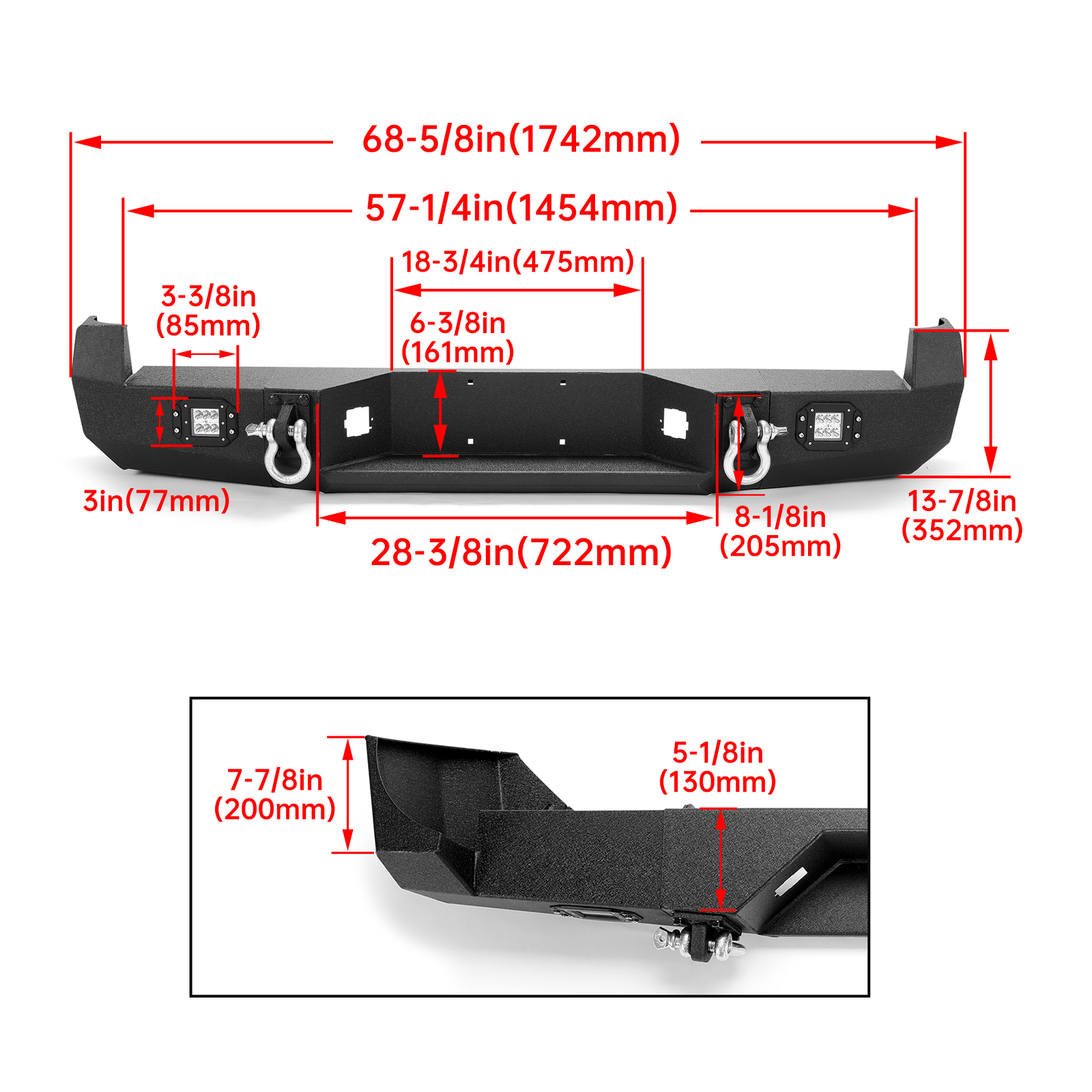 HECASA Black Rear Bumper For Toyota Tacoma 2005-2015 w/License Plate LED Lights