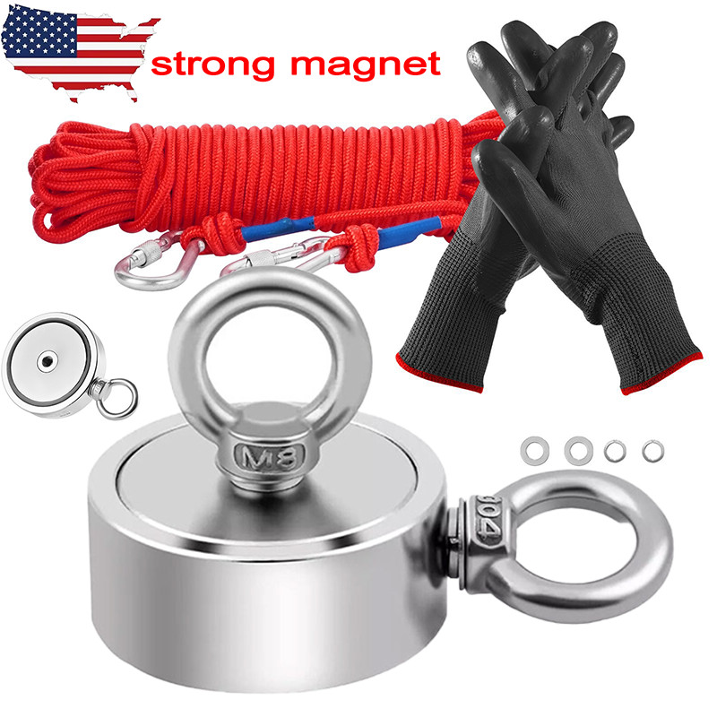 2000 LBS Strong Fishing Magnet Kit Double Sided Pull Force 20m Rope Carabiner