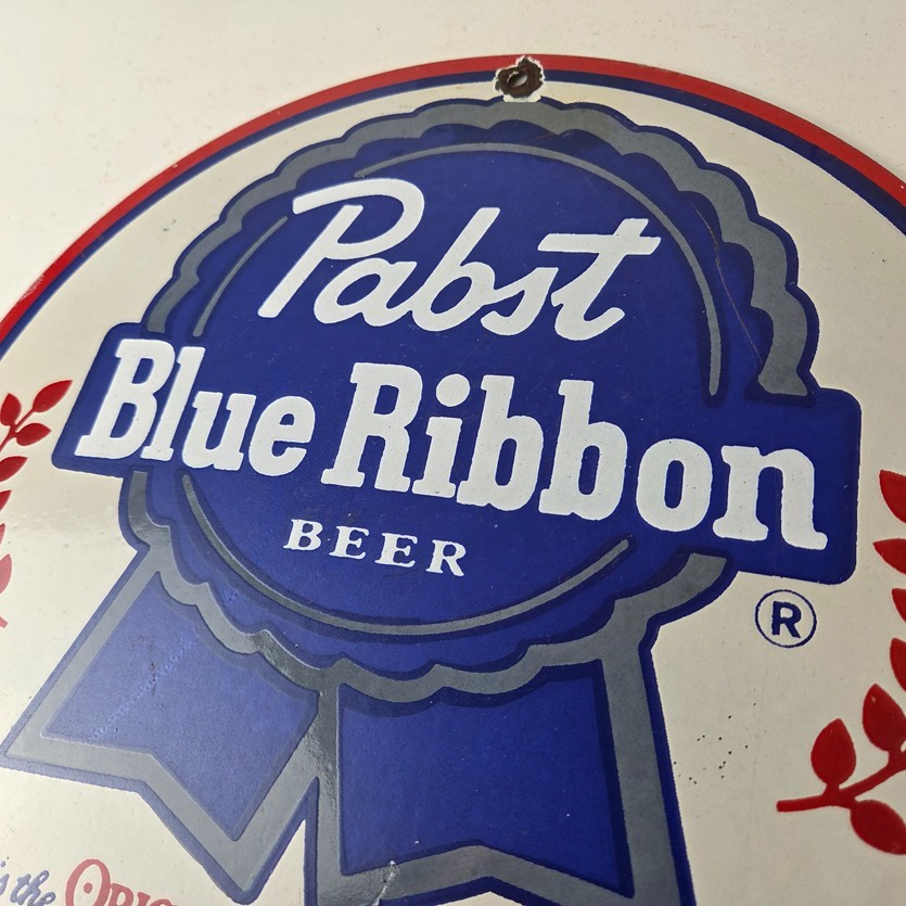 Vintage Pabst Blue Ribbon Beer Porcelain Sign - Ribbon Badge Logo Sign