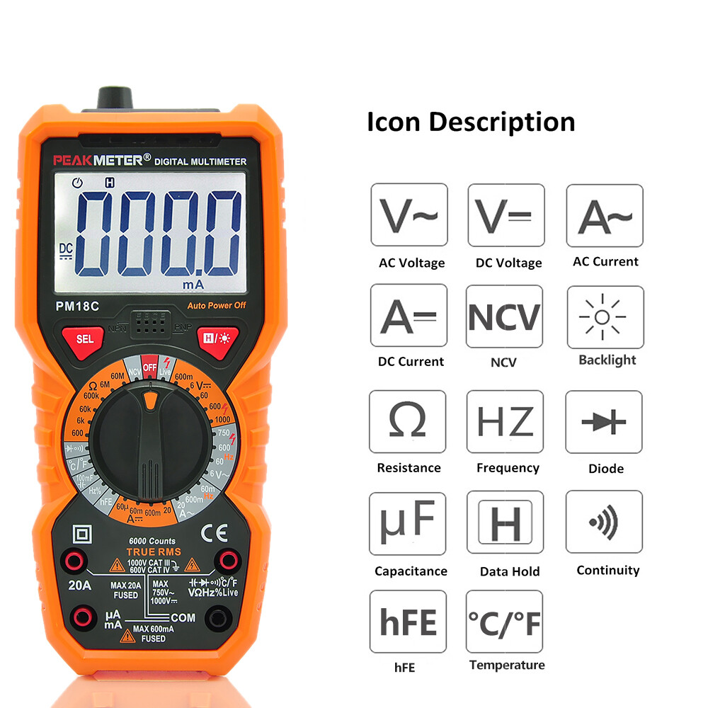 PEAKMETER PM18C True RMS Digital Multimeter AC DC Ohmmeter Cap Freq Temp Tester