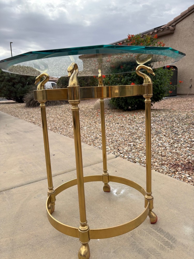 French Style Solid Brass Swans Head End Table with Beveled Glass Top