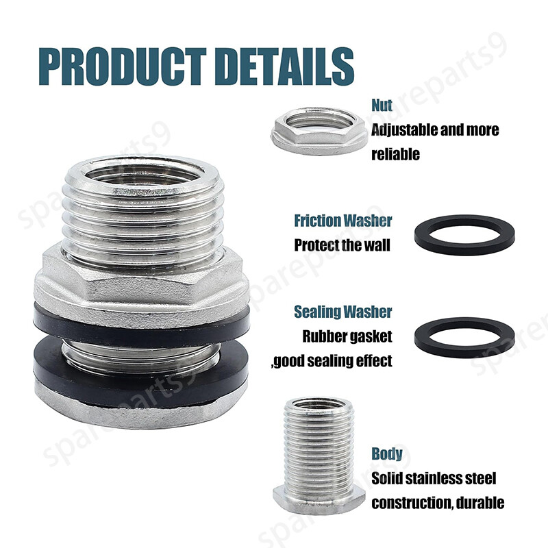 Stainless Steel Bulkhead Tank Fitting 3/4" GHT Male to 1/2" NPT Female Thread