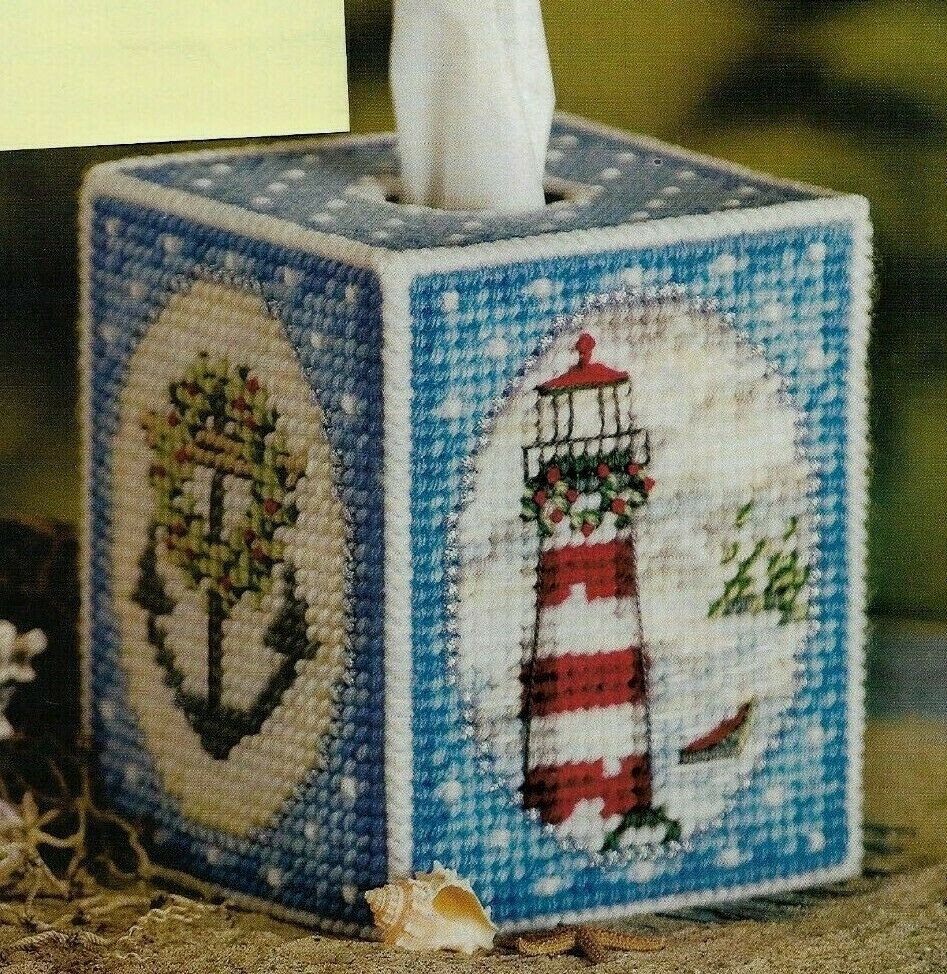 HOLIDAY LIGHTHOUSE TISSUE COVER CHRISTMAS PLASTIC CANVAS PATTERN INSTRUCTIONS