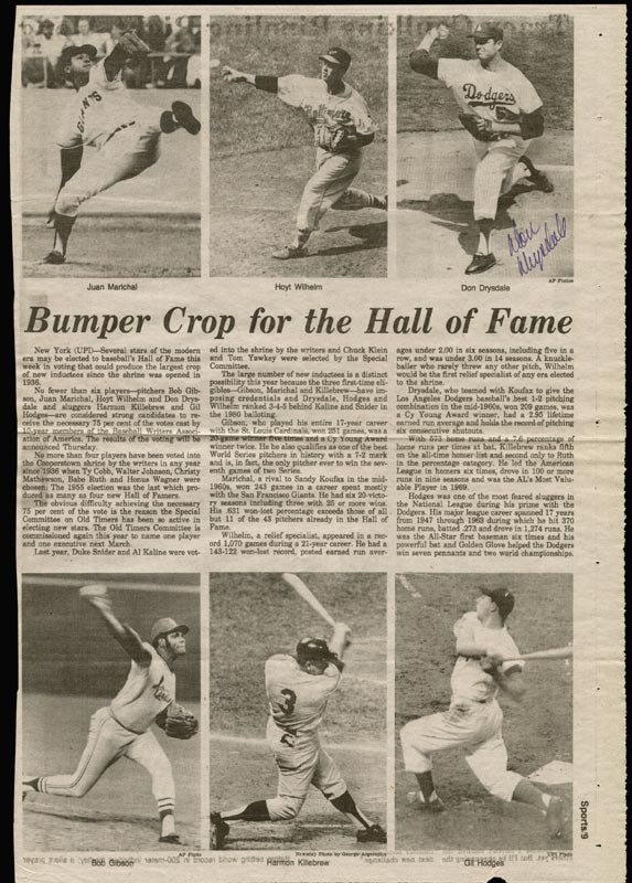 DON DRYSDALE - NEWSPAPER ARTICLE SIGNED CIRCA 1981