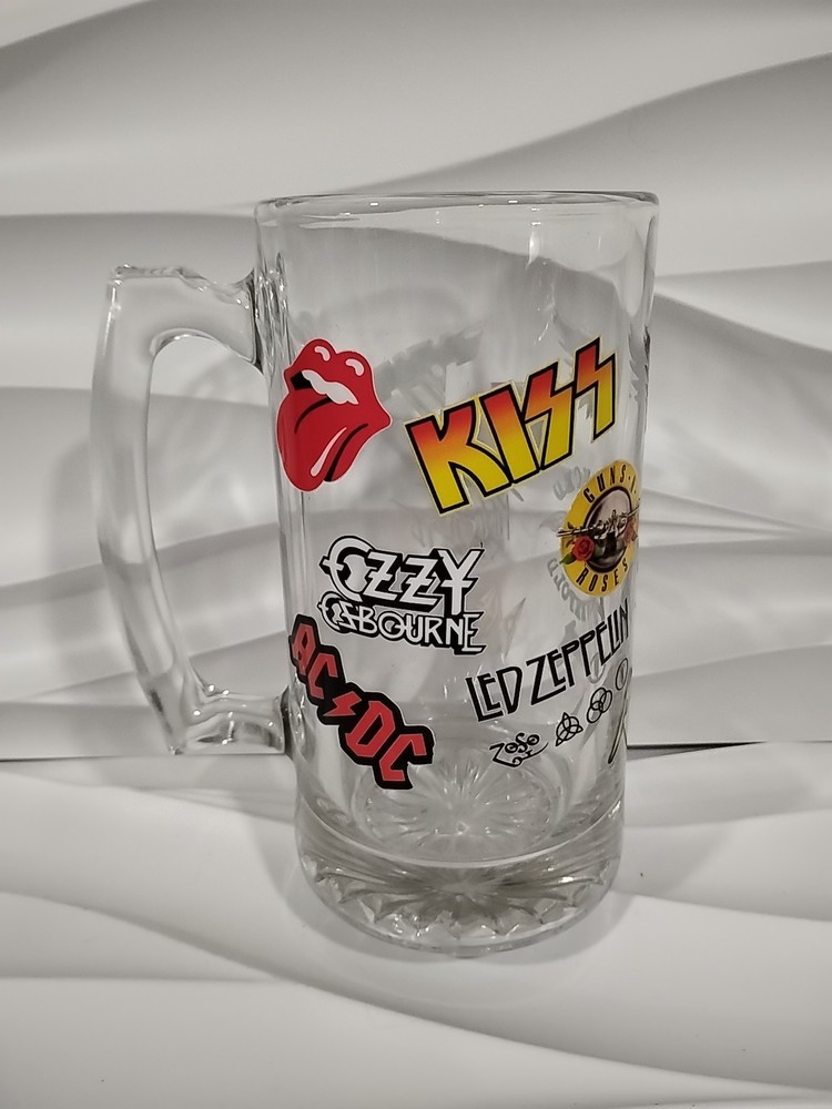 Kiss Band Large  Jumbo Beer Stein 32 oz Glass Mug 7 7/8” Ozzy Osbourne AC/DC Pin