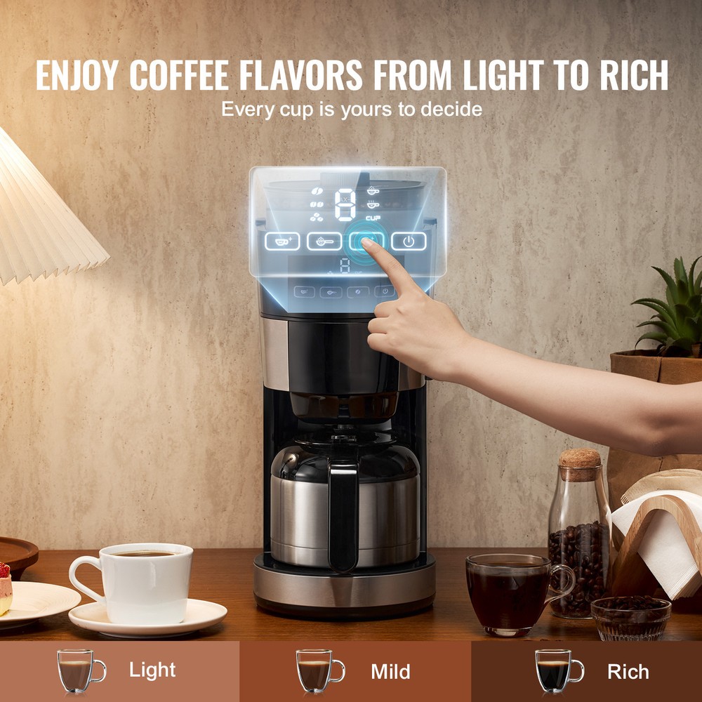 8 Cup Drip Coffee Machine Grind & Brew Coffee Maker w/ 3 Brew Strength Control