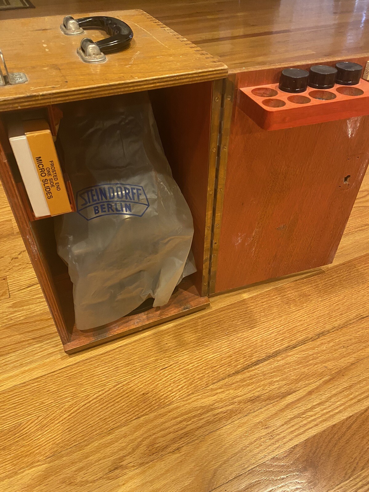 Vintage STEINDORFF BERLIN Binocular Microscope w Accessories & Wooden Case LOOK!