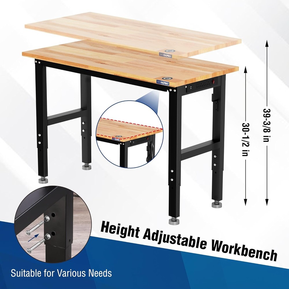 WORKPRO Adjustable Height Workbench 48"X22" Work Table With Wheels Leveling Foot