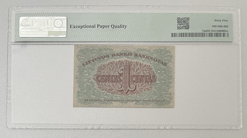 Lithuania 1922 1 Centas PMG65. Pick #7a