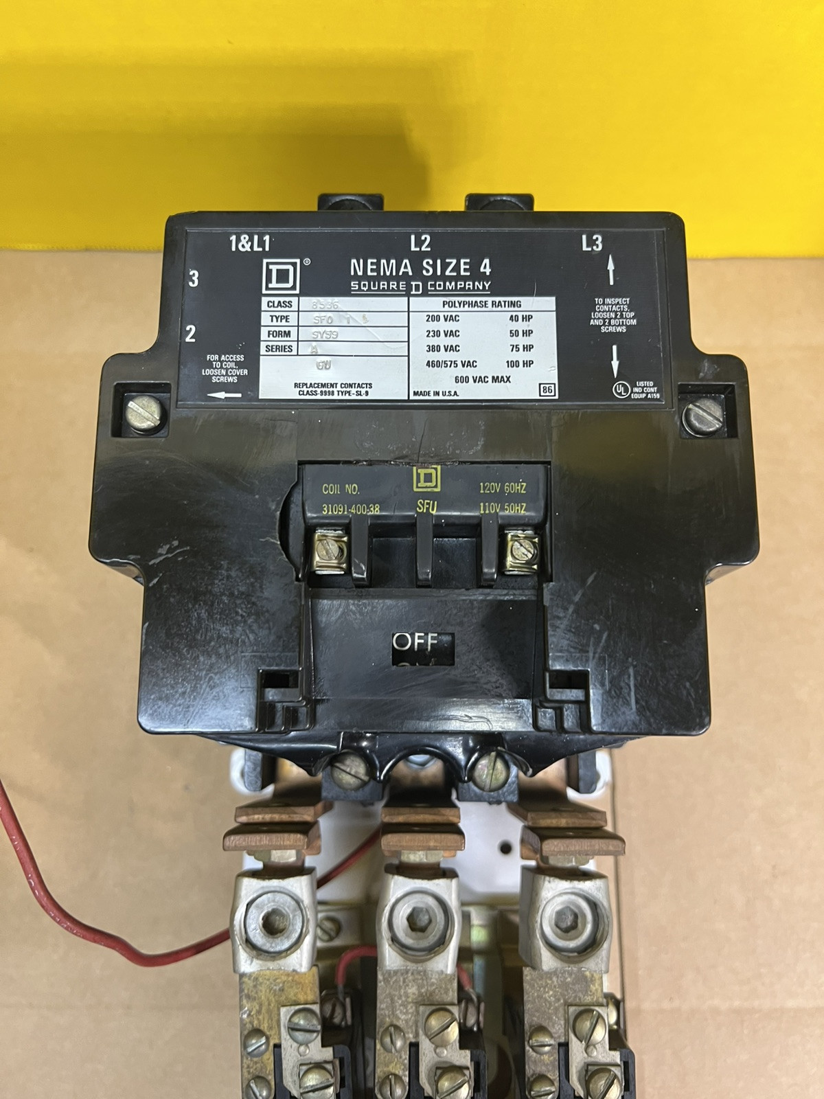 SQUARE D SIZE 4 MOTOR STARTER 600 VAC 120V COIL 100 HP