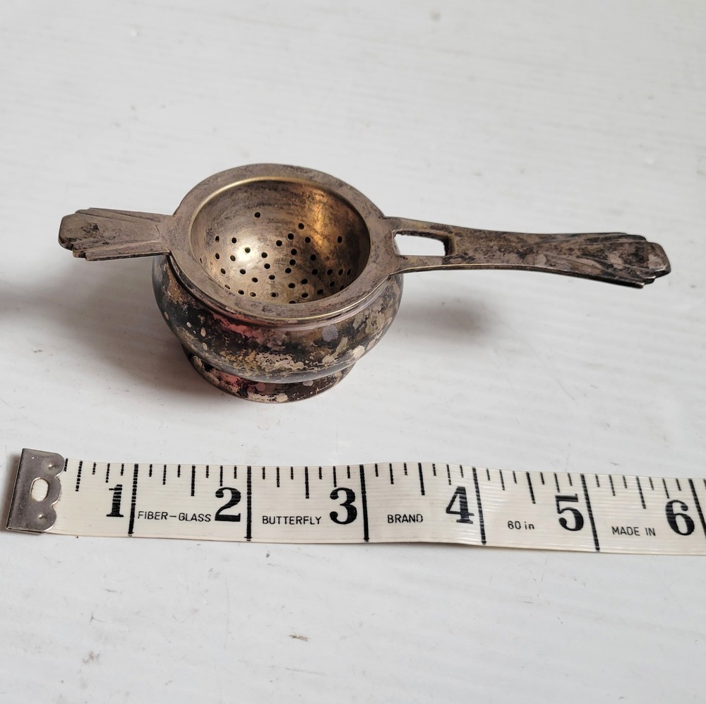Vtg Loose Tea Bag Strainer Basket Silver Plated Spoon Cup w/ Rest Stand England