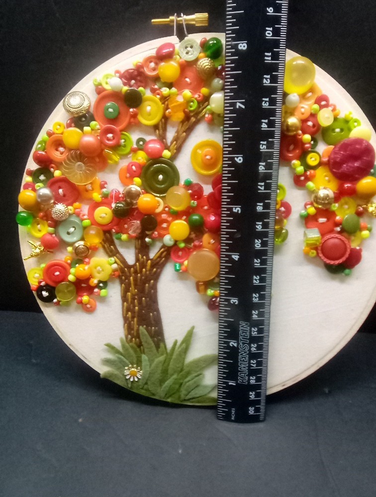 8"Embroidery Hoop Frame With Button Tree Design Red Orange Wall Decor Handmade
