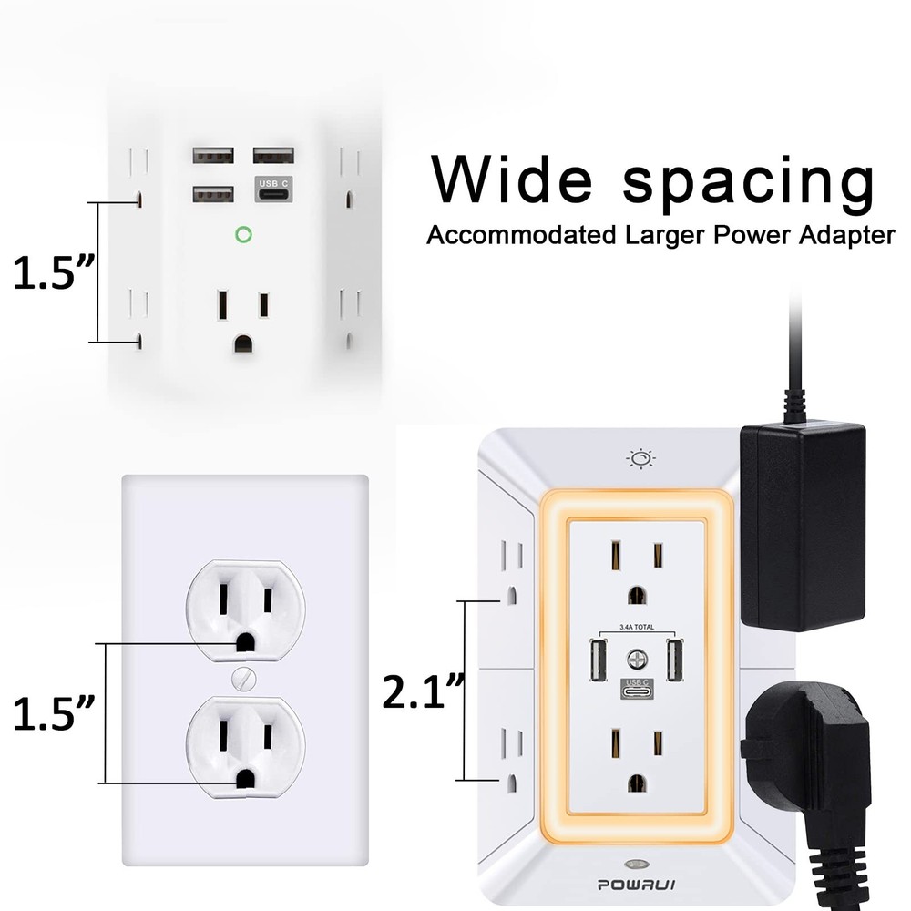 POWRUI Multi Plug 6 Outlet Surge Protector Extender with 3 USB 2U1C, White