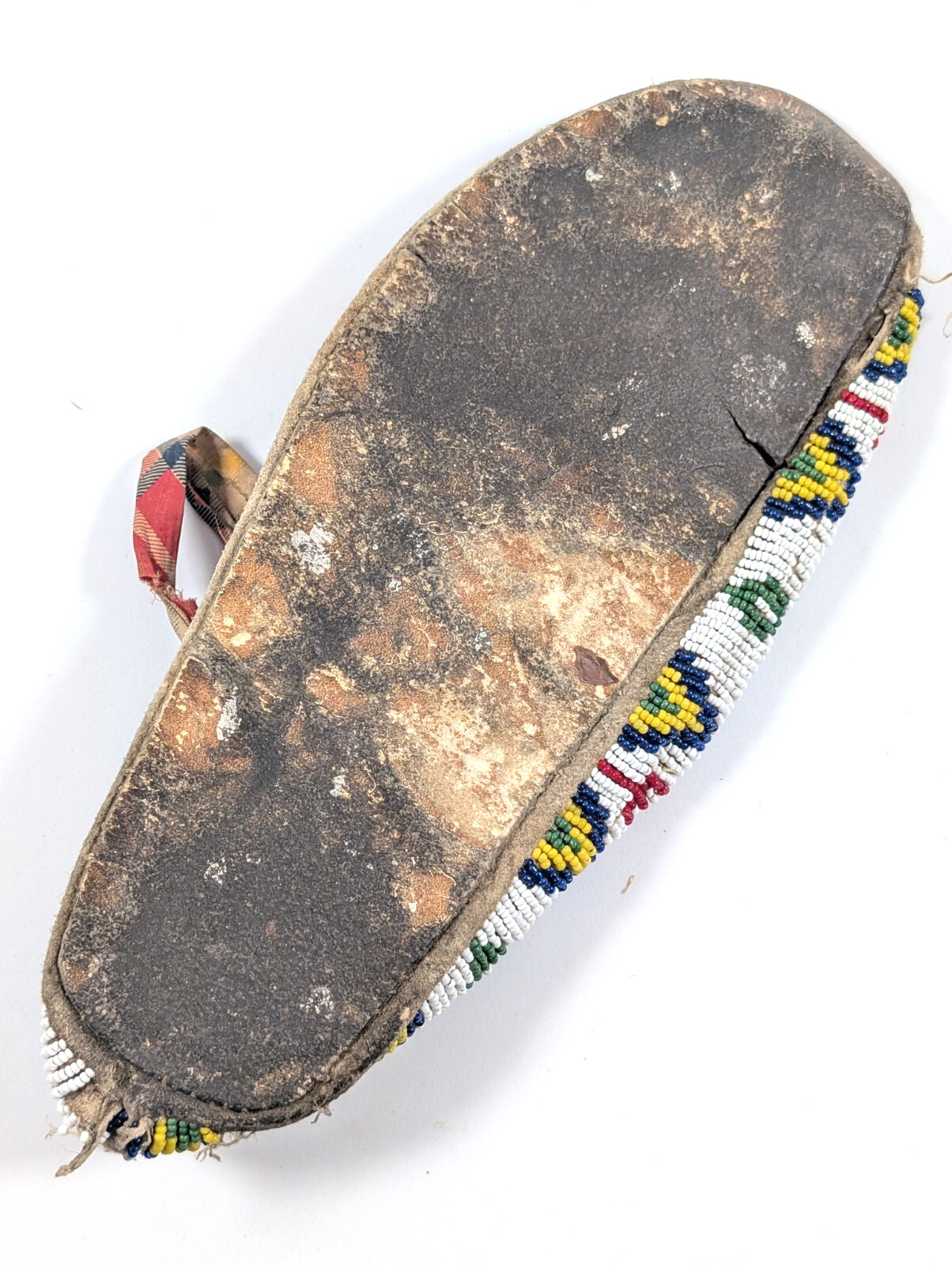 Antique Lakota Sioux Beaded Moccasin SINGLE, Fully Beaded Sole, Trade Cloth Trim