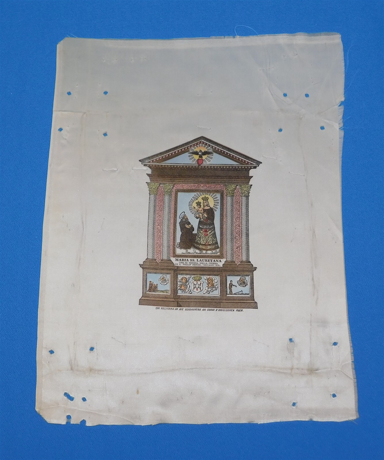 Antique Reliquary Silk MARIA SS. LAURETANA Church of St. Philip Benizi Chicago