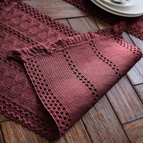 Macrame Table Runner Boho Table Runner with Tassels Hand 12"Wx71"L Burgundy