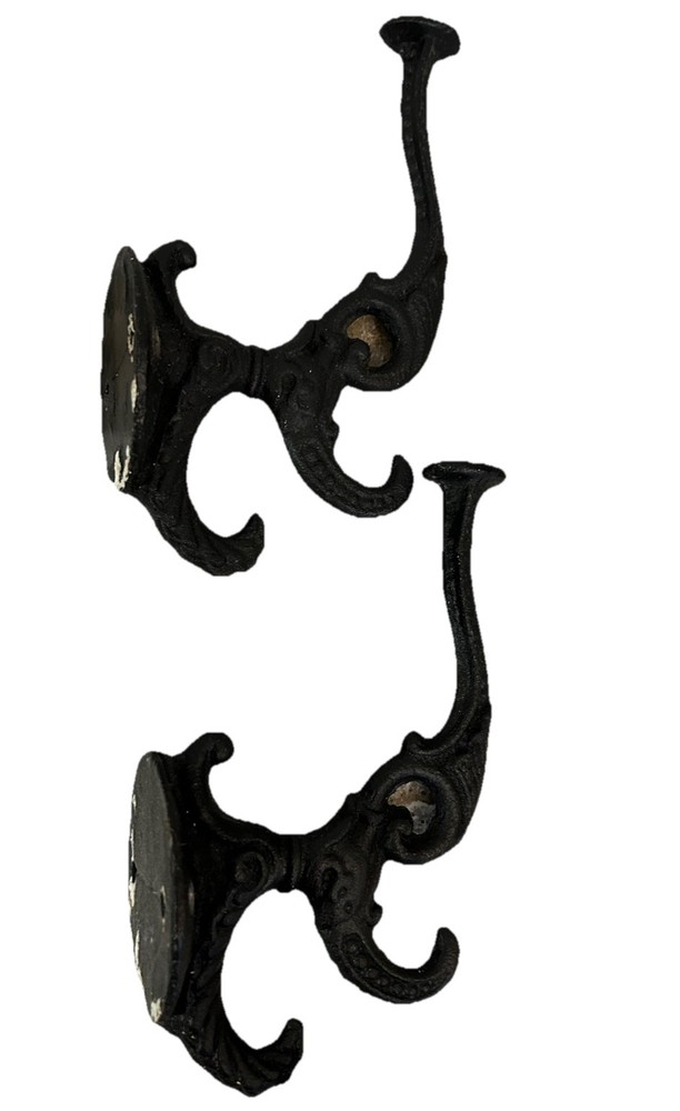Vintage Pair Cast Iron Victorian-style Triple Wall Hook Black Heavy Scrollwork