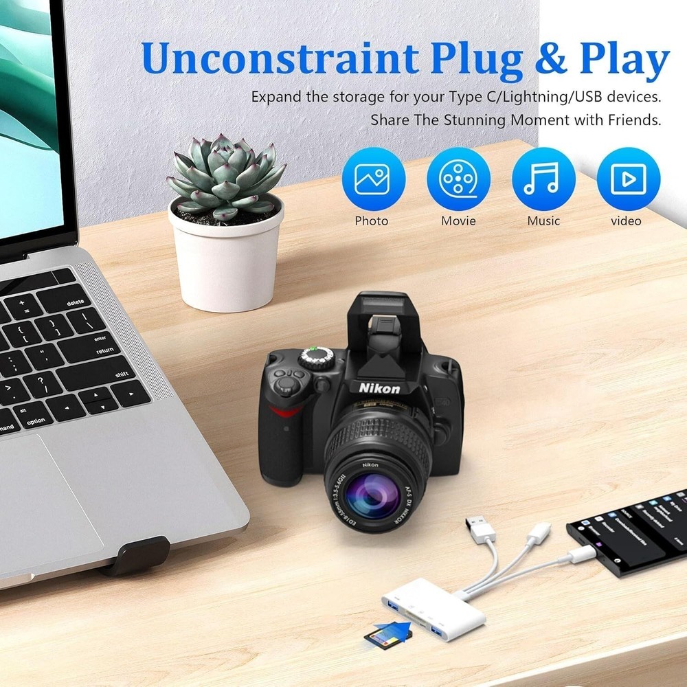USB 3.0 5-in-1 Memory Card Reader OTG Adapter – SD, microSD, USB-C & Lightning